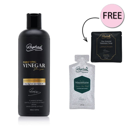 Raghad Organics Purifying Vinegar Shampoo 500ml + Free The Oriental Hammam Soap 40gm + Free Mayonnaise Hair Mask 20ml