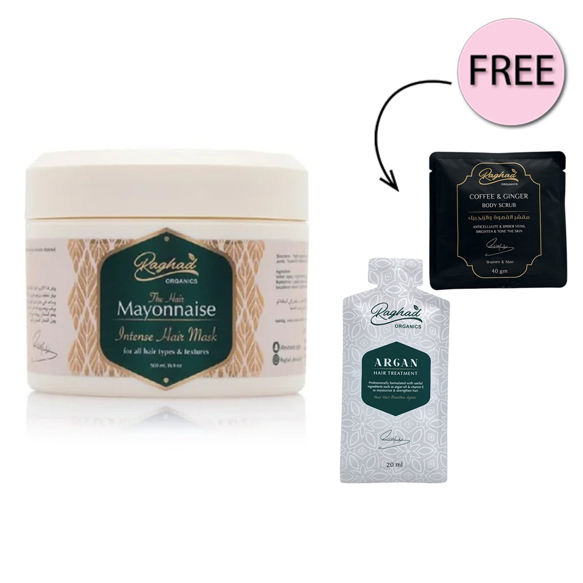 Raghad Organics Mayonnaise Hair Mask 500ml + Free Coffee & Ginger Body Scrub 40gm + Free Argan Hair Treatment 20ml