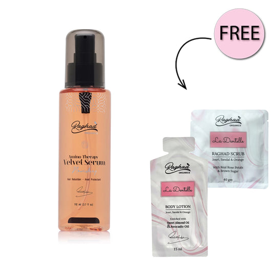 Raghad Organics Amino Therapy Velvet Serum 110ml + Free La Dentelle Scrub 40g + Free La Dentelle Body Lotion 15ml