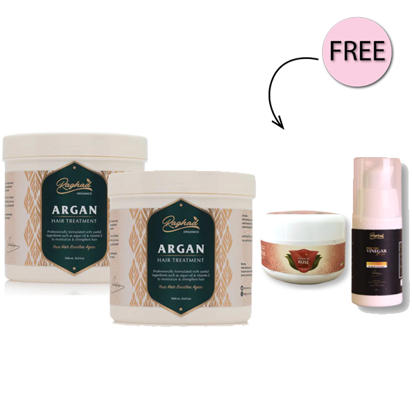 Raghad Organics Argan Hair Treatment 1000ml X2 + Free Purifying Vinegar Shampoo 15ml + Free Touch Me Rose Body Scrub 30ml