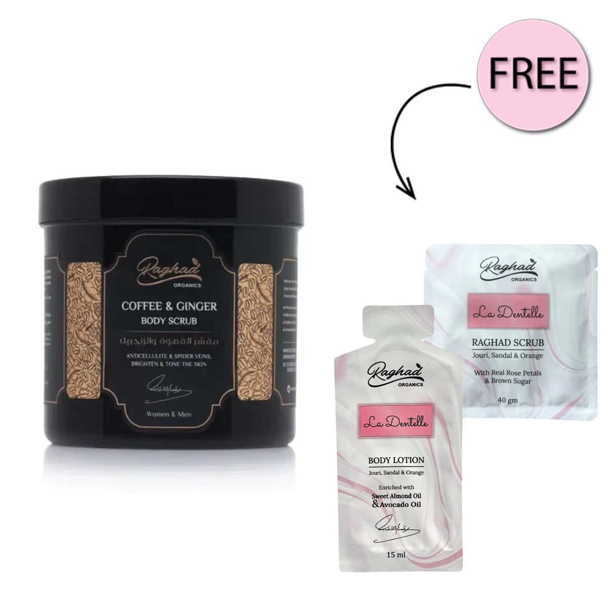 Raghad Organics Coffee & Ginger Body Scrub 1000ml + Free La Dentelle Scrub 40g + Free La Dentelle Body Lotion 15ml