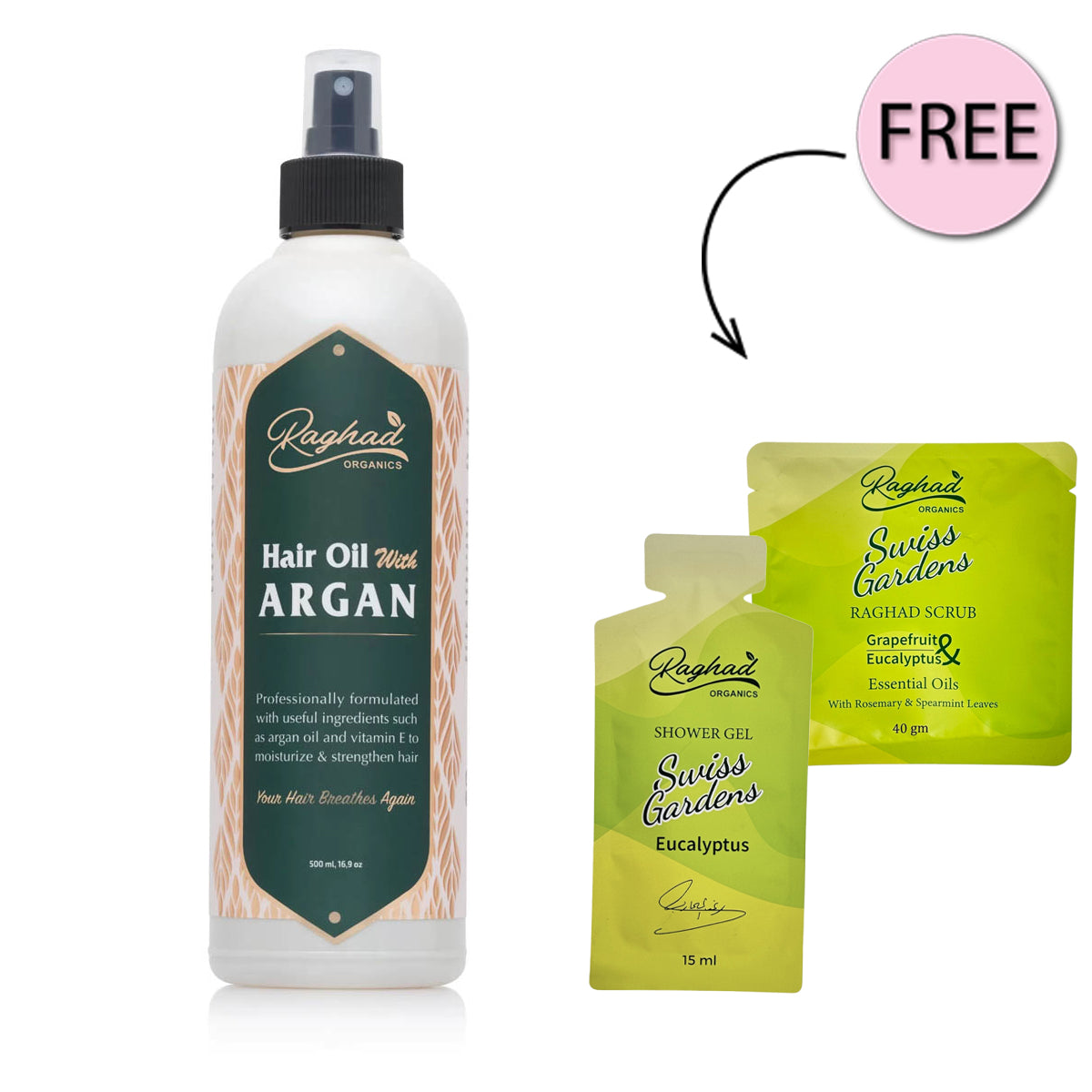 Raghad Organics Hair Oil 500ml + Free Swiss Gardens Scrub 40g + Free Swiss Gardens Shower Gel 15ml