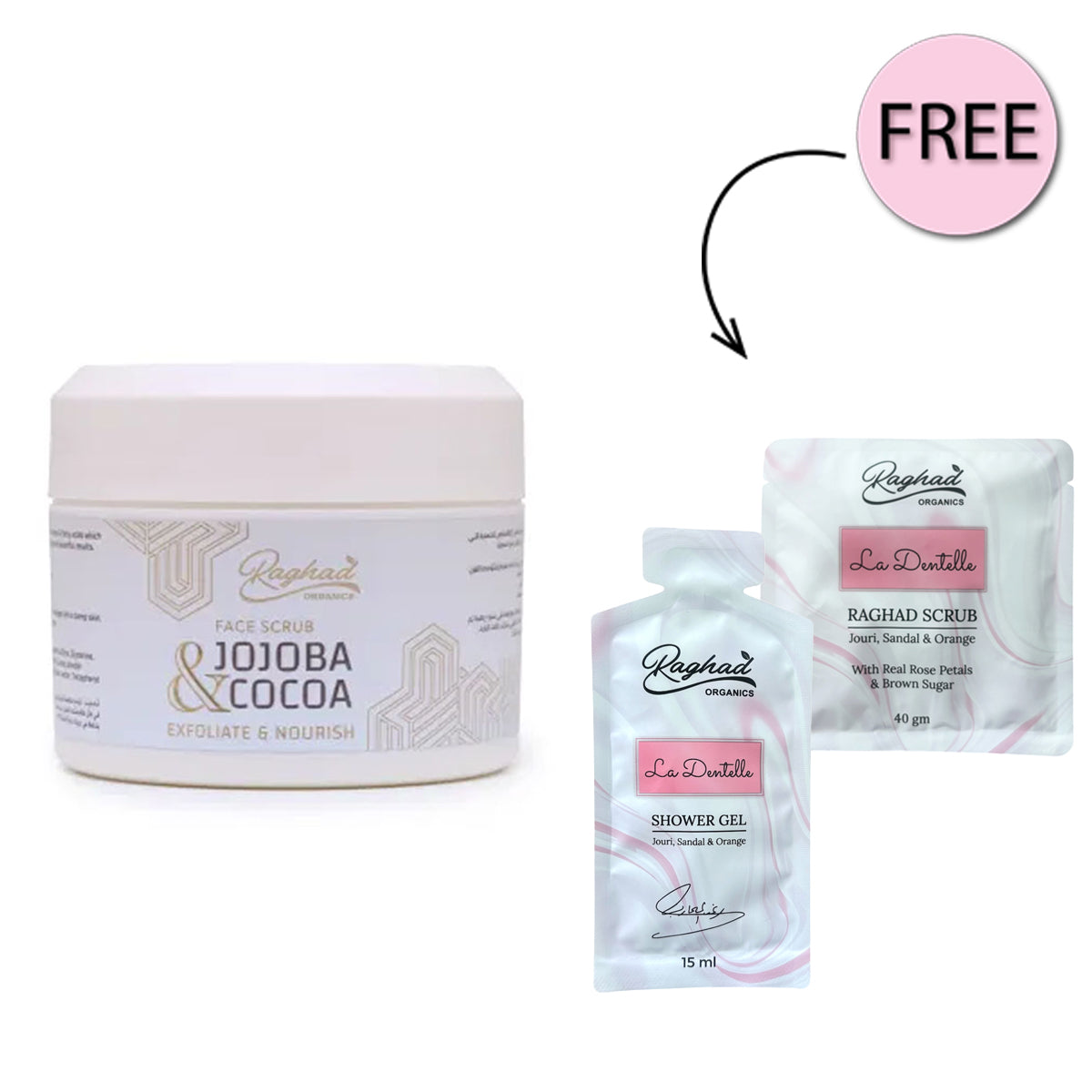 Raghad Organics Jojoba & Cocoa Scrub 250ml + Free La Dentelle Scrub 40g + Free La Dentelle Shower Gel 15ml