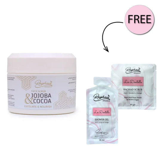 Raghad Organics Jojoba & Cocoa Scrub 250ml + Free La Dentelle Scrub 40g + Free La Dentelle Shower Gel 15ml