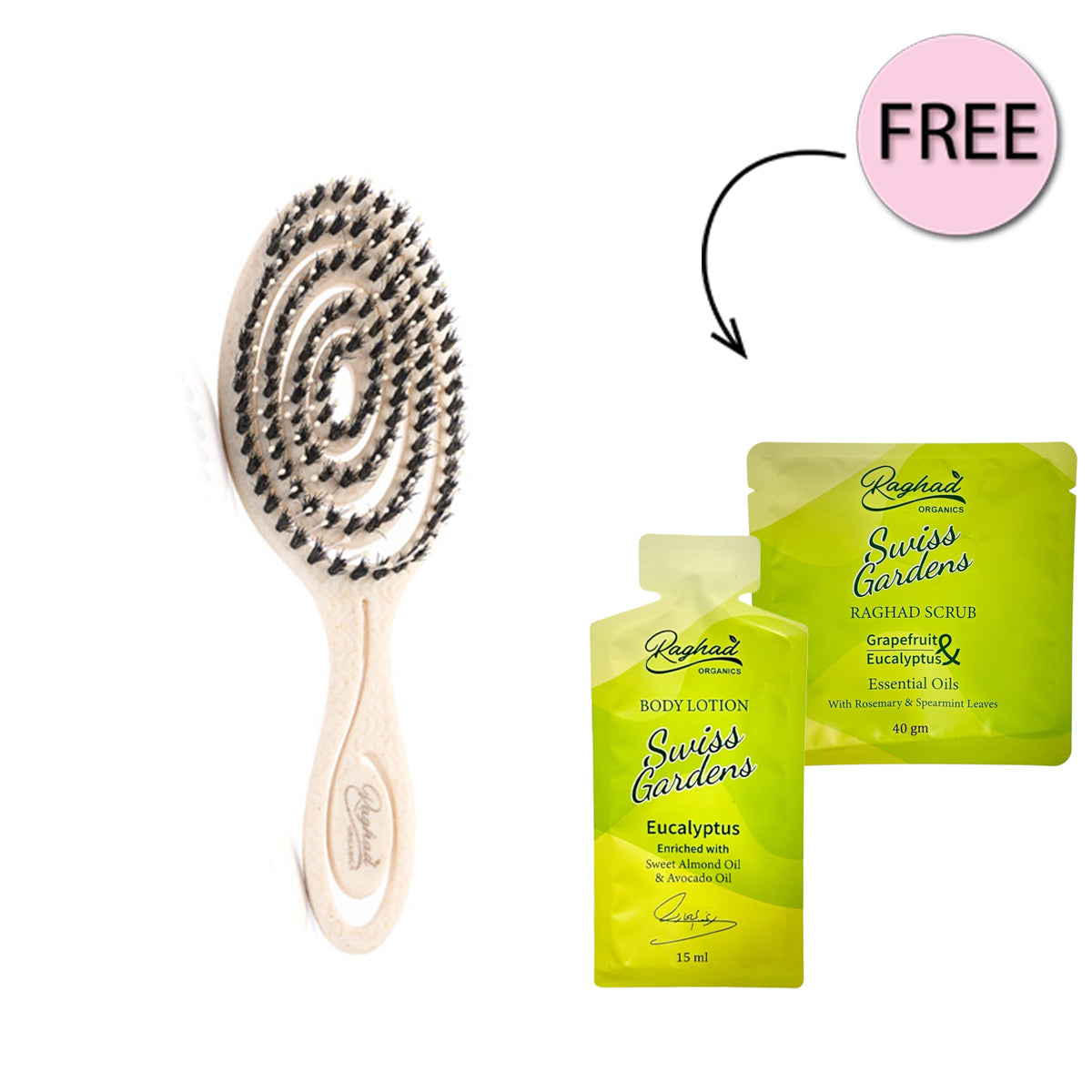 Raghad Organics Mixed-bristle Brush + Free Swiss Gardens Scrub 40g + Free Swiss Gardens Body Lotion 15ml