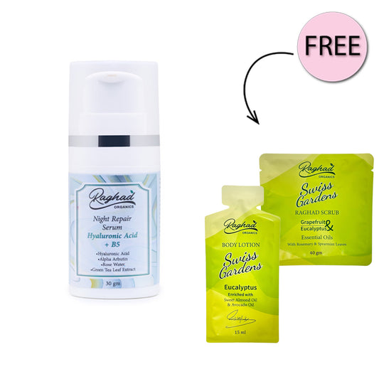 Raghad Organics Night Repair Serum 30gm + Free Swiss Gardens Scrub 40g + Free Swiss Gardens Body Lotion 15ml