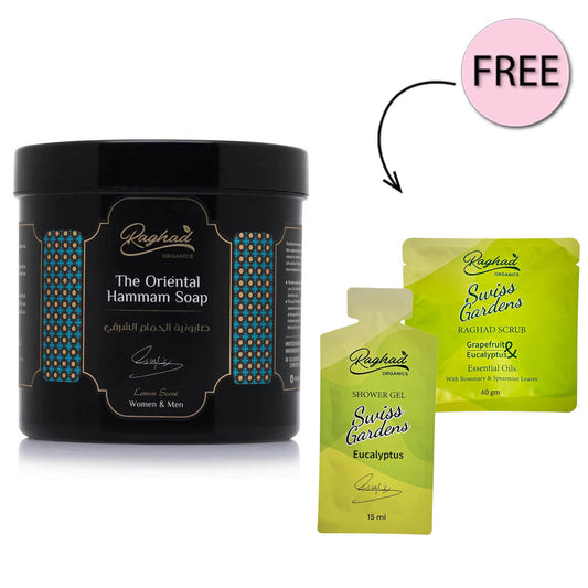 Raghad Organics The Oriental Hammam Soap 1000ml + Free Swiss Gardens Scrub 40g + Free Swiss Gardens Shower Gel 15ml