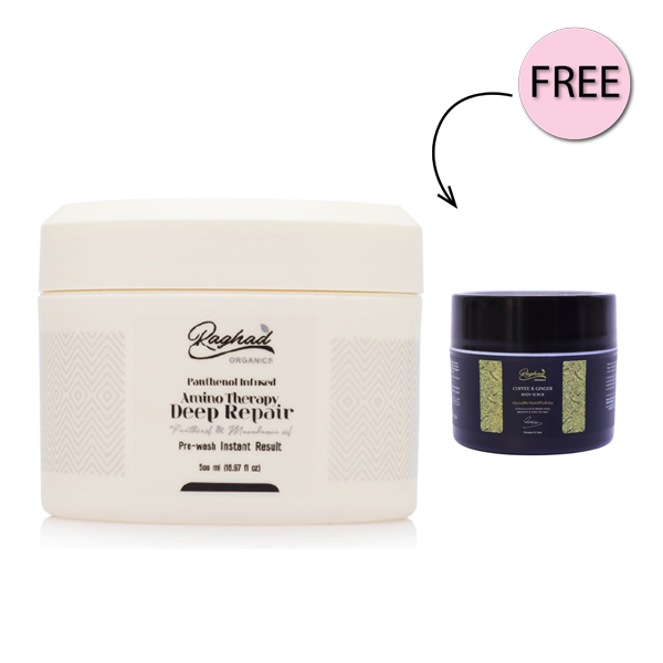 Raghad Organics Amino Therapy Deep Repair Hair Mask 500ml + Free Free Coffee & Ginger Scrub 50ml