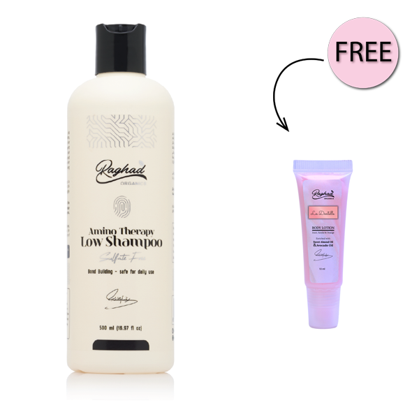 Raghad Organics Amino Therapy Low Shampoo 500ml + Free La Dentelle Body Lotion 10ml