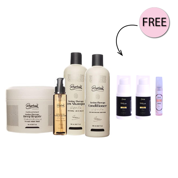 Raghad Organics Amino Therapy Package + Free Hydrasource Shampoo 15ml + Free Avocado Milk & Manuka Honey Mask 50ml