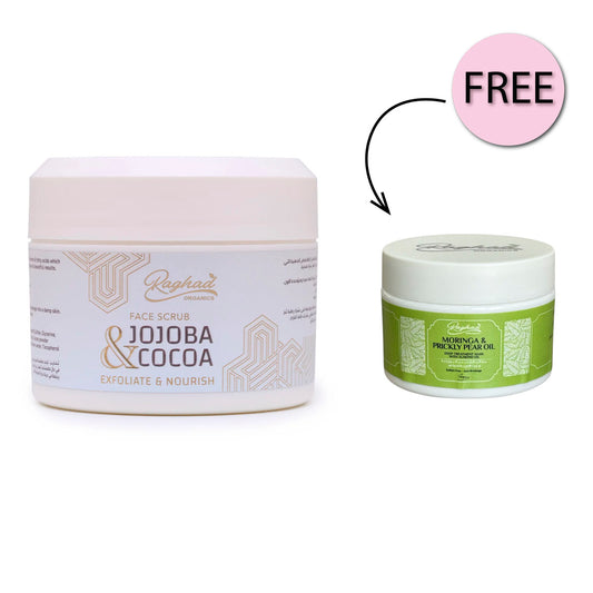 Raghad Organics Jojoba & Cocoa Scrub 250ml + Free Moringa & Prickly Pear 50ml