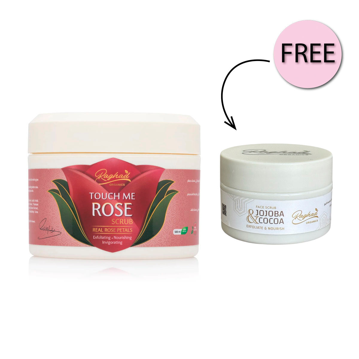 Raghad Organics Touch Me Rose Body Scrub 500ml + Free Jojoba & Cocoa Scrub 50ml