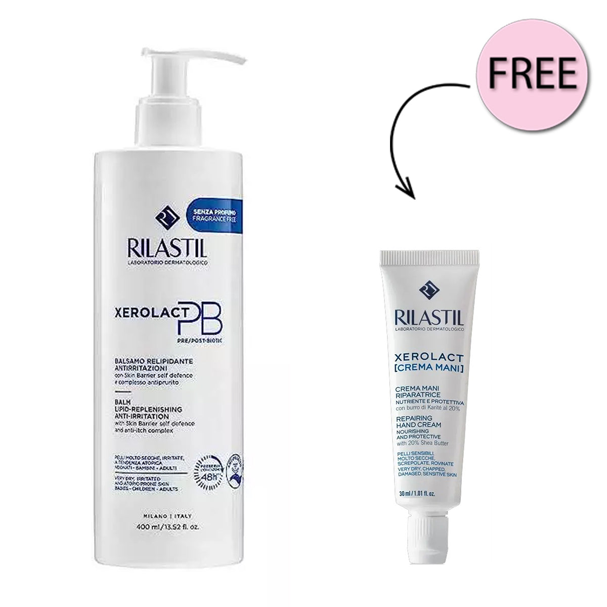 Rilastil Xerolact Pb Balm lipid replenishing 400Ml + Free Rilastil Xerolact Repairing Hand Cream 30ml