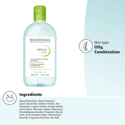 Bioderma Sebium H2o Purifying Cleansing Micellar Water 500ml + Free Two Sebium Gel Moussant 8ml