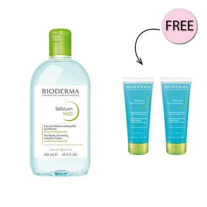 Bioderma Sebium H2o Purifying Cleansing Micellar Water 500ml + Free Two Sebium Gel Moussant 8ml