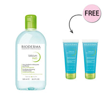Load image into Gallery viewer, BIODERMA SEBIUM H2O PURIFYING CLEANSING MICELLAR WATER 500ML + FREE TWO SEBIUM GEL MOUSSANT 8ML